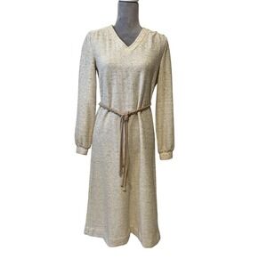 Vintage 70s 80s Butte Knit Sz 10 Textured Nubby Knit Shirt Dress rope belt Cream